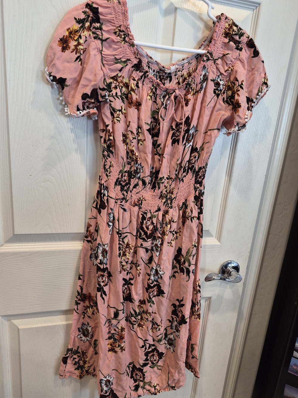 Blush Pink Floral Midi Dress with Smocked Waist